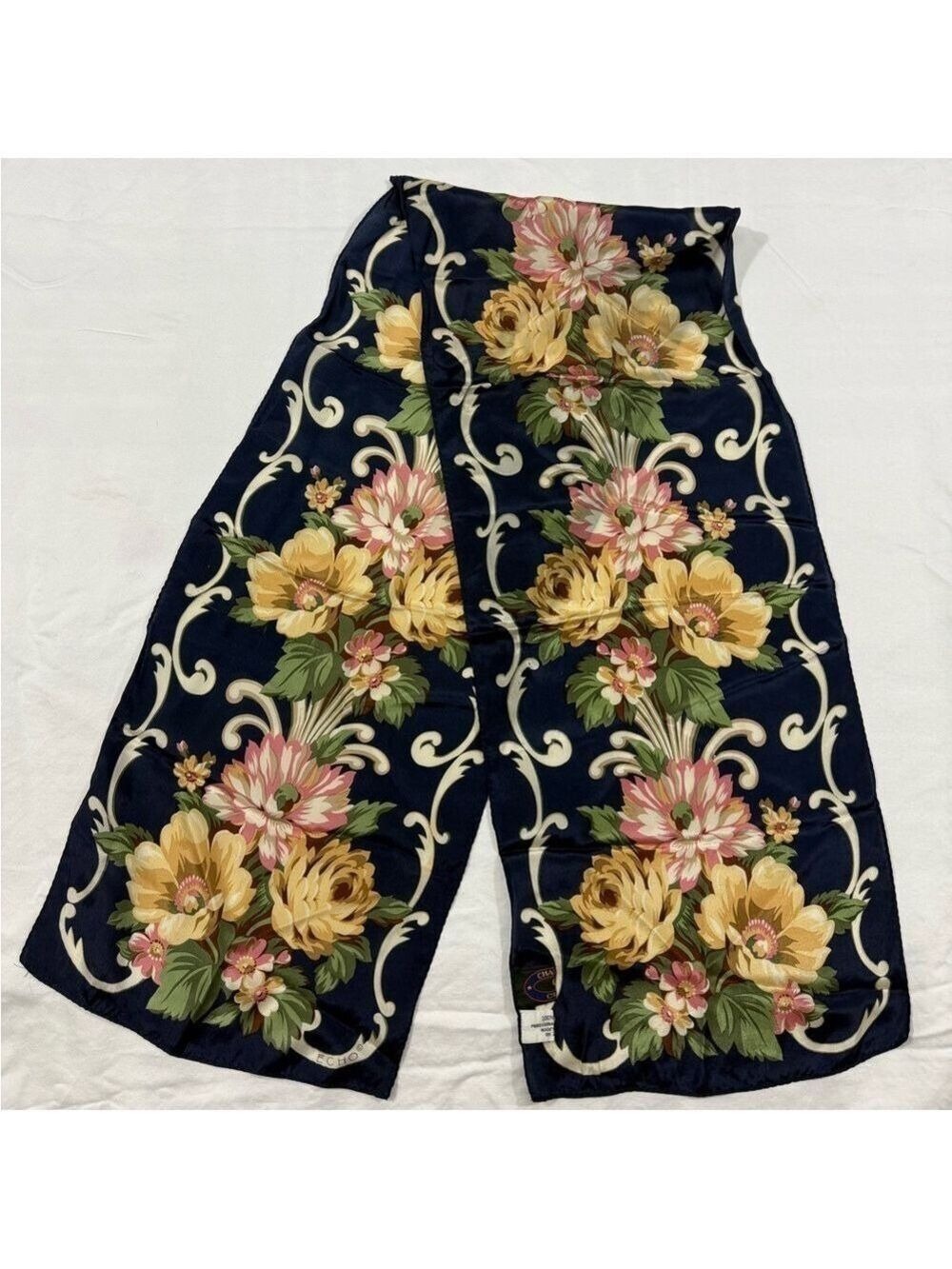 Charter Club x Echo Silk Scarf Navy Floral Long Rectangle 52” x 10”
